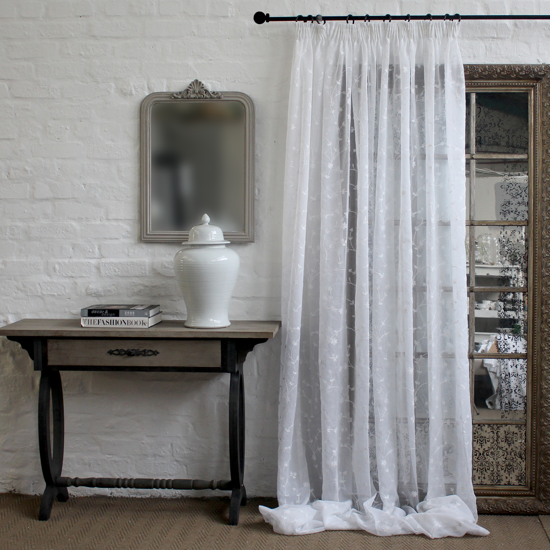 Daisy Chain Voile White Curtain/TAPED